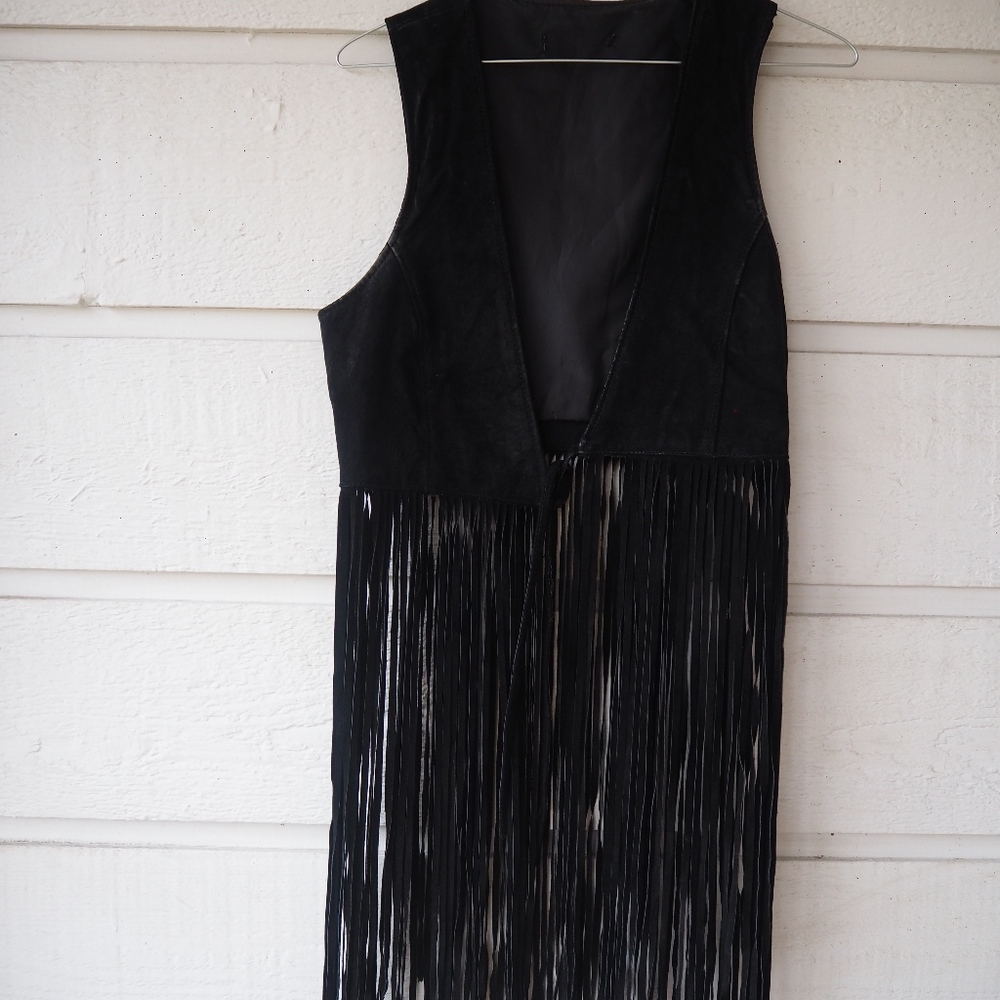 {Vintage} Black Leather Fringe Vest!
